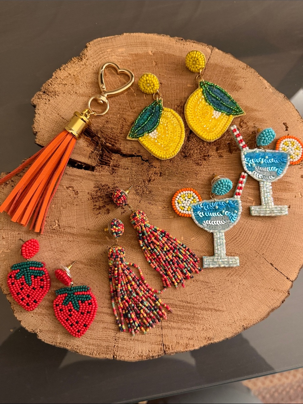 Colorful Beaded Fruit & Cocktail Earring Collection with Orange Tassel Keychain